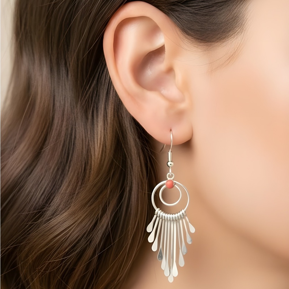 Native American Sterling Silver and Coral Dangle Earrings